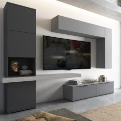 Parete Attrezzata Grigio Nero Antracite Modulabile 2 Cassetti, 9 Ripiani - Riccia