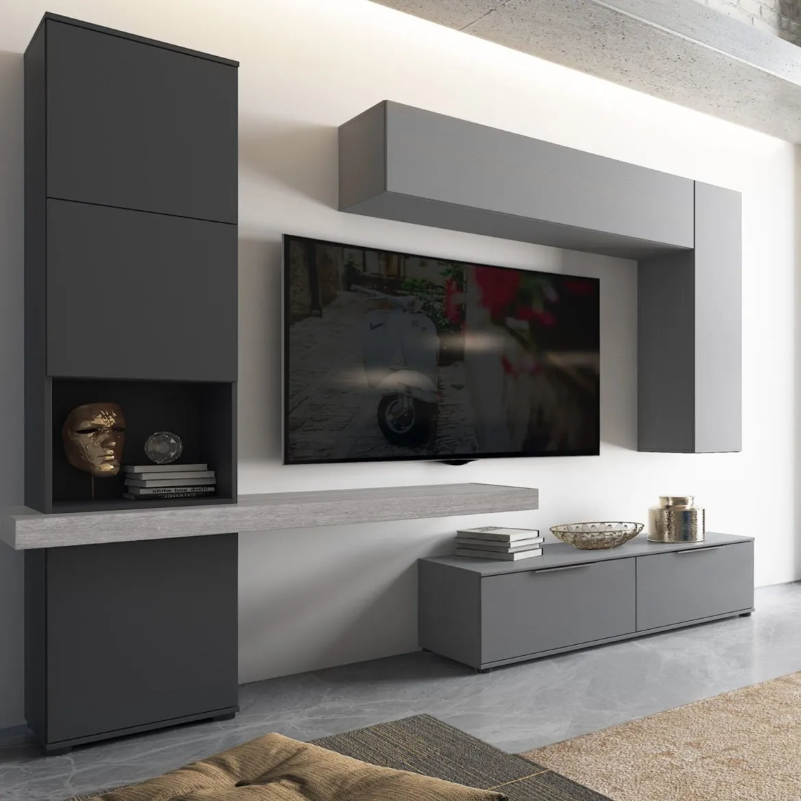 Parete Attrezzata Grigio Nero Antracite Modulabile 2 Cassetti, 9 Ripiani - Riccia