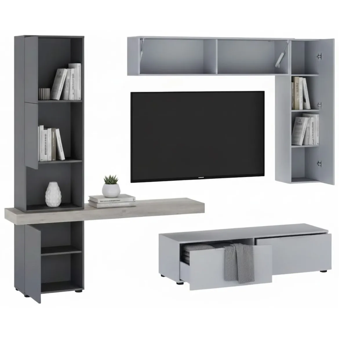 Parete Attrezzata Grigio Nero Antracite Modulabile 2 Cassetti, 9 Ripiani - Riccia