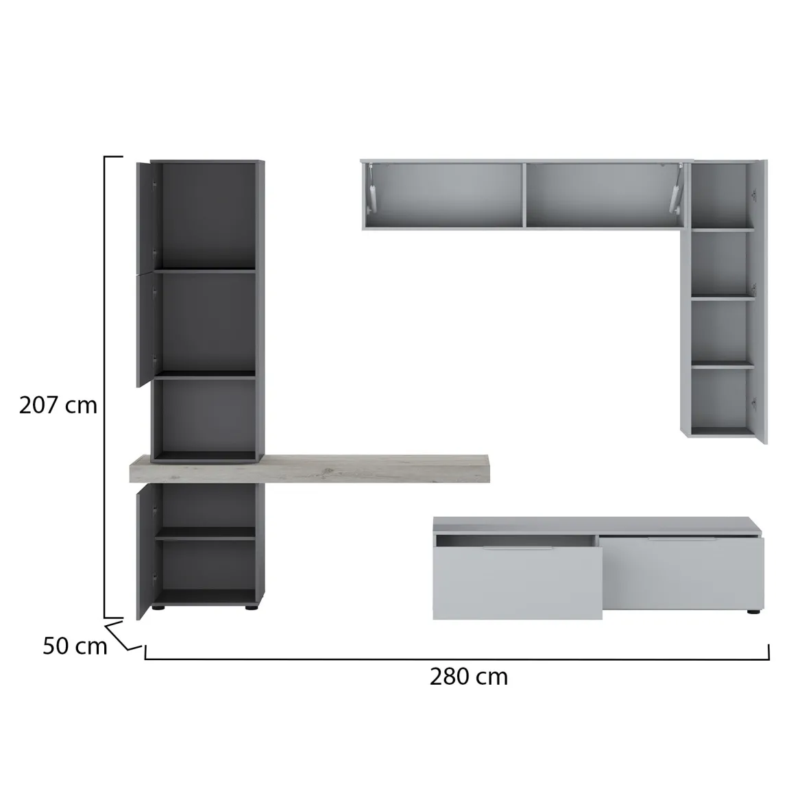 Parete Attrezzata Grigio Nero Antracite Modulabile 2 Cassetti, 9 Ripiani - Riccia