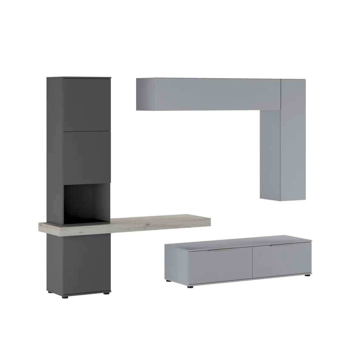 Parete Attrezzata Grigio Nero Antracite Modulabile 2 Cassetti, 9 Ripiani - Riccia