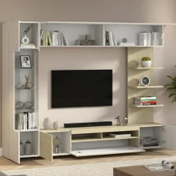 Parete Attrezzata Marrone Acero Beige Cashmere 8 Ripiani 5 Ante 245x40x191.2h cm, Apertura Battente - Galatina