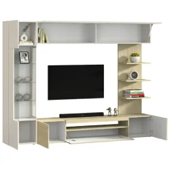 Parete Attrezzata Marrone Acero Beige Cashmere 8 Ripiani 5 Ante 245x40x191.2h cm, Apertura Battente - Galatina