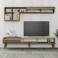 Parete Attrezzata Marrone Noce Beige Modulabile 2 Cassetti, 5 Ripiani - Portula