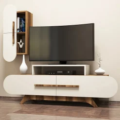 Parete Attrezzata Marrone Noce Bianco Crema Modulabile 8 Ripiani, 7 Vani - Genola