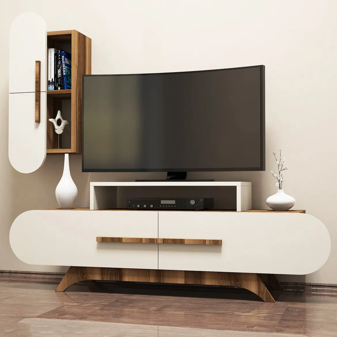 Parete Attrezzata Marrone Noce Bianco Crema Modulabile 8 Ripiani, 7 Vani - Genola
