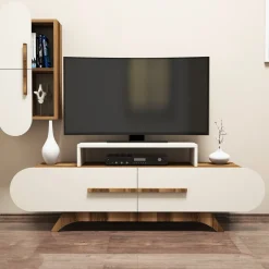 Parete Attrezzata Marrone Noce Bianco Crema Modulabile 8 Ripiani, 7 Vani - Genola