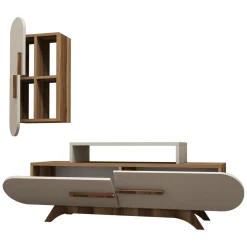Parete Attrezzata Marrone Noce Bianco Crema Modulabile 8 Ripiani, 7 Vani - Genola