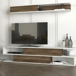 Parete Attrezzata Marrone Noce Bianco Modulabile 4 Ripiani, 2 Ante - Vernole