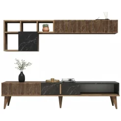Parete Attrezzata Marrone Noce Nero Marmo Modulabile 11 Ripiani, 10 Vani - Domanico