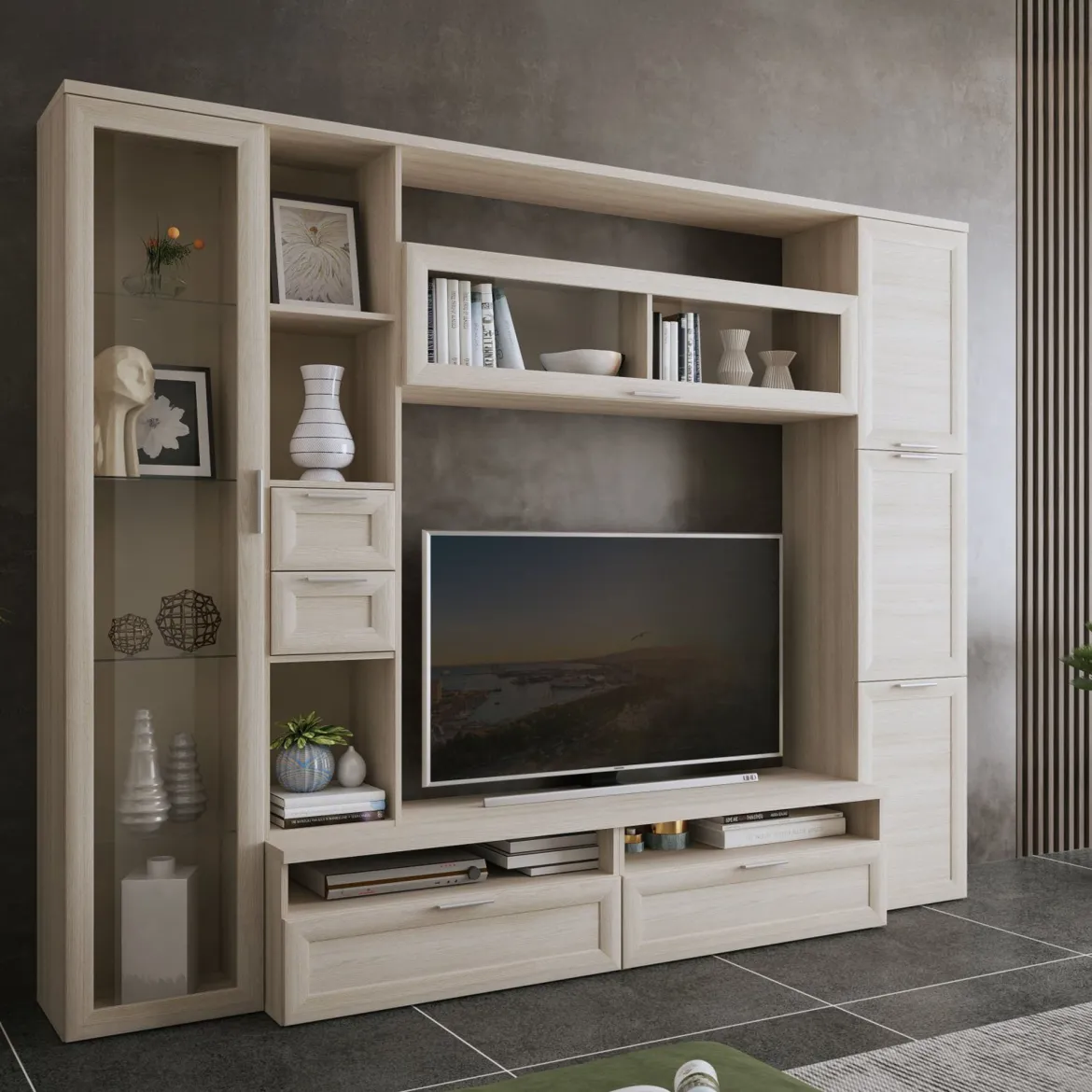 Parete Attrezzata Marrone Olmo Modulabile 4 Cassetti, 8 Ripiani - Carenno