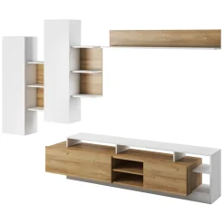 Parete Attrezzata Marrone Rovere Grigio Bianco 7 Ripiani 10 Vani 170.5x41.5x170.5h cm, Un'anta - Moggio