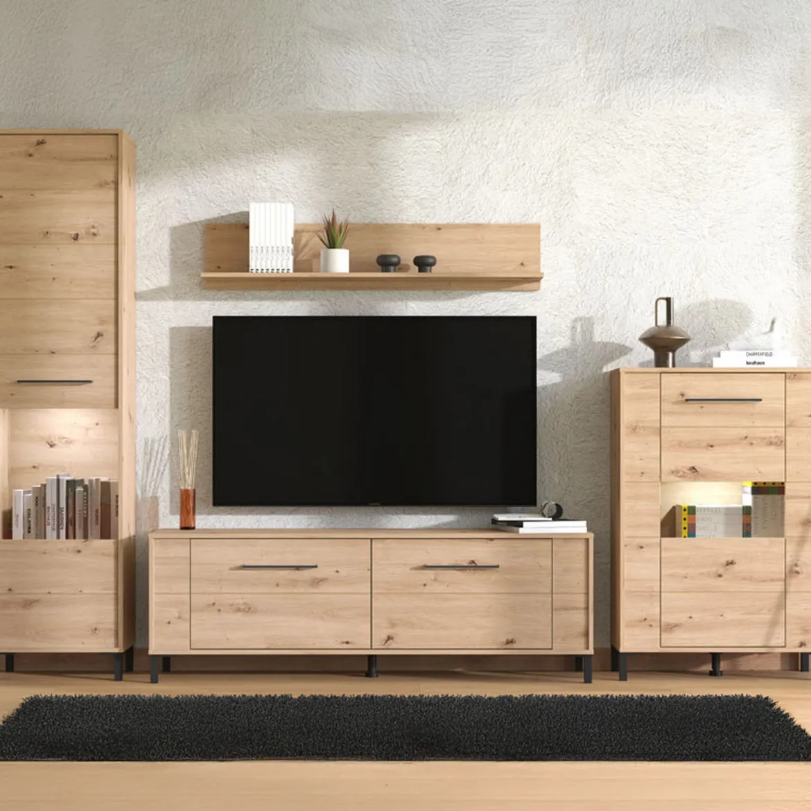 Parete Attrezzata Marrone Rovere Nodi Nero 4 Ripiani 4 Vani 208x40x167h cm, 4 Ante - Staletti