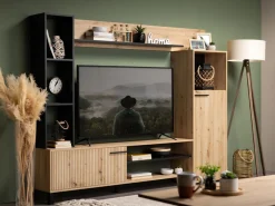 Parete Attrezzata Marrone Rovere Nodi Nero 8 Ripiani 9 Vani 207.5x33x157.5h cm, 2 Ante - Rovato