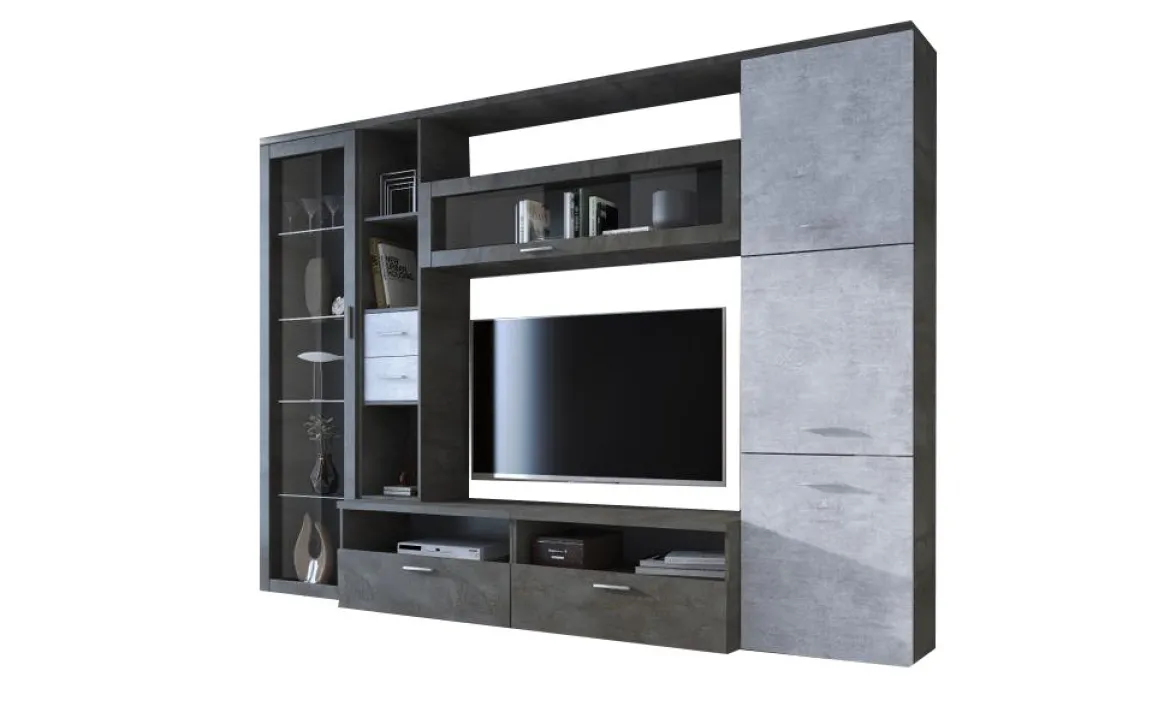 Parete Attrezzata Nero Antracite Grigio Cemento 5 Ripiani 2 Cassetti, Modulabile - Sovizzo