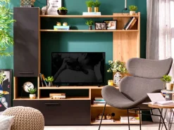 Parete Attrezzata Nero Marrone Rovere Nodi 8 Ripiani 2 Ante 168.5x35x157h cm, 10 Vani - Chieve