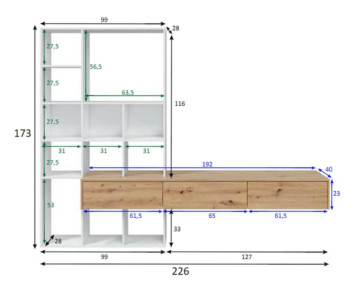 Parete salotto in legno 226cm bianca e legno - Bellusco