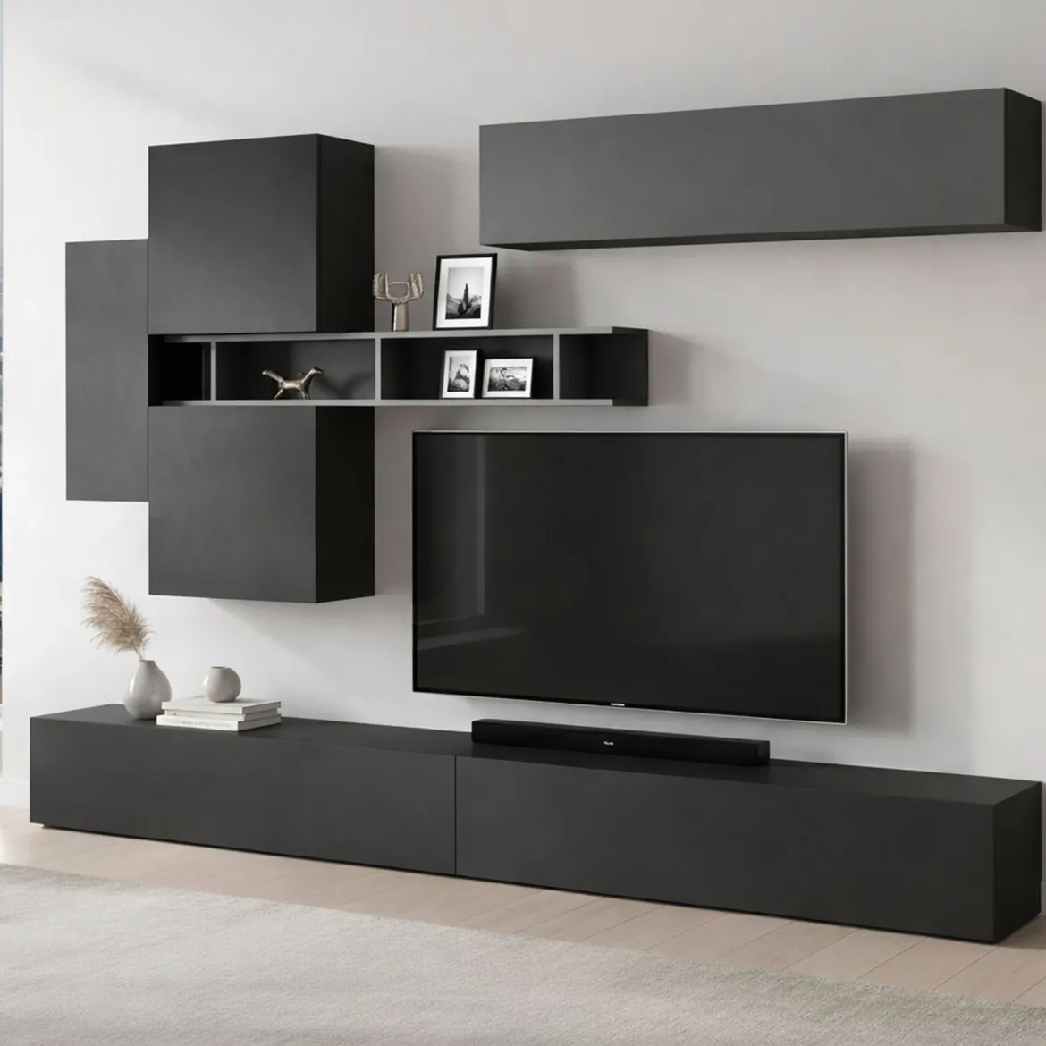 Parete salotto in legno e metallo 276cm ardesia e grigia scuro - Nate