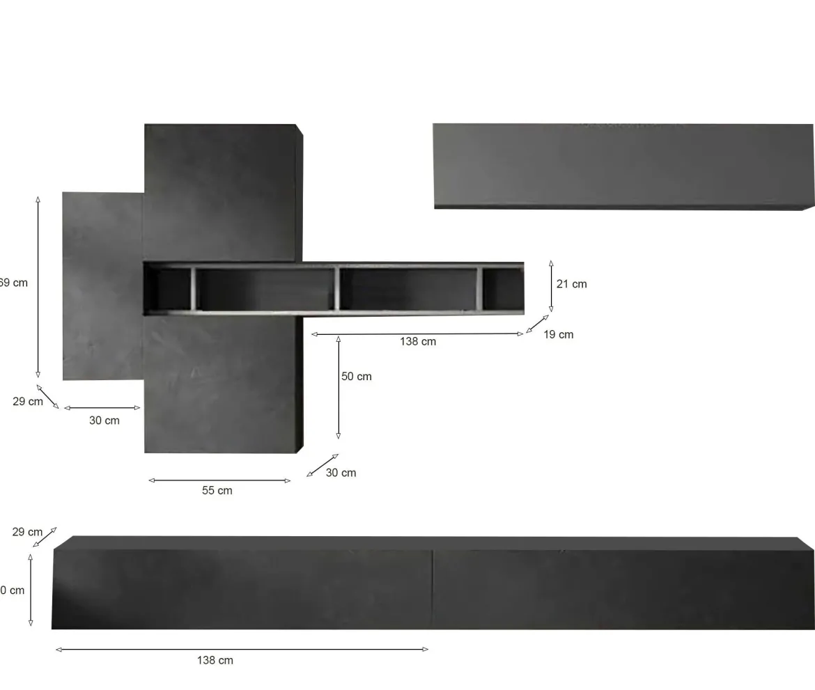 Parete salotto in legno e metallo 276cm ardesia e grigia scuro - Nate