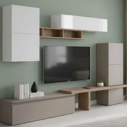 Parete salotto in legno e metallo 290cm bianca lucida e rovere - Tammy