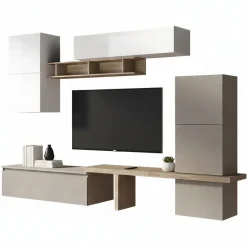 Parete salotto in legno e metallo 290cm bianca lucida e rovere - Tammy
