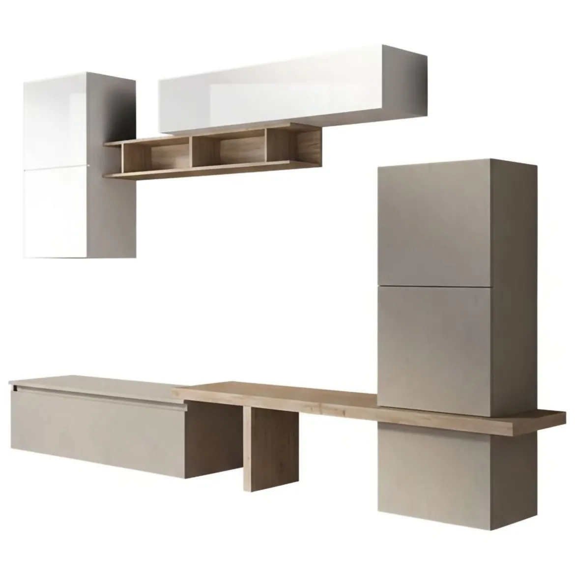 Parete salotto in legno e metallo 290cm bianca lucida e rovere - Tammy