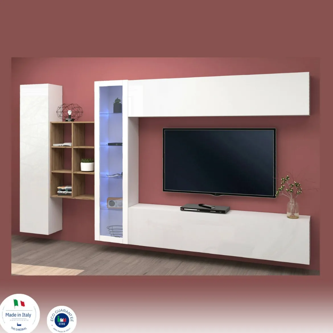 Parete salotto moderna 280cm bianca lucida e acero - Alessano