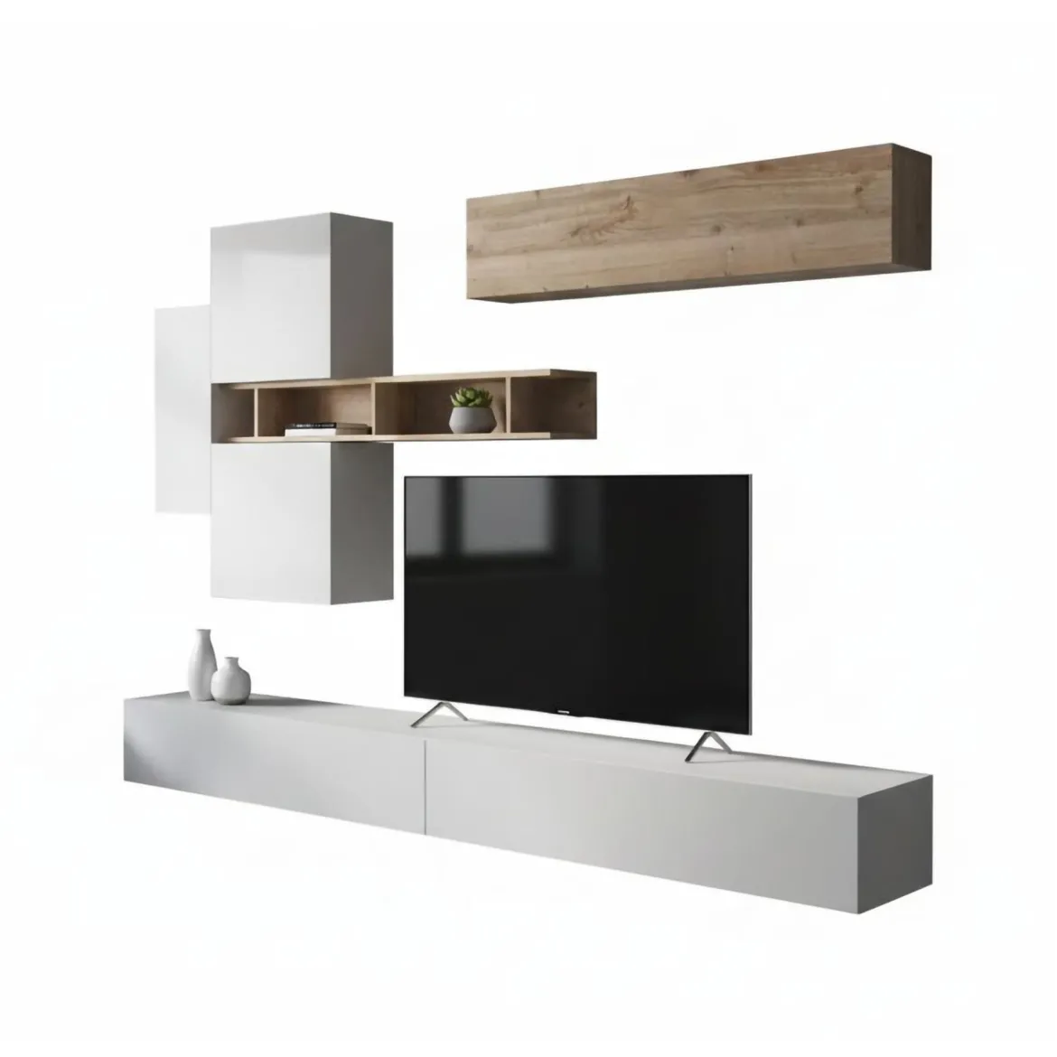 Parete salotto modulabile 276cm bianca lucida e rovere - Nate