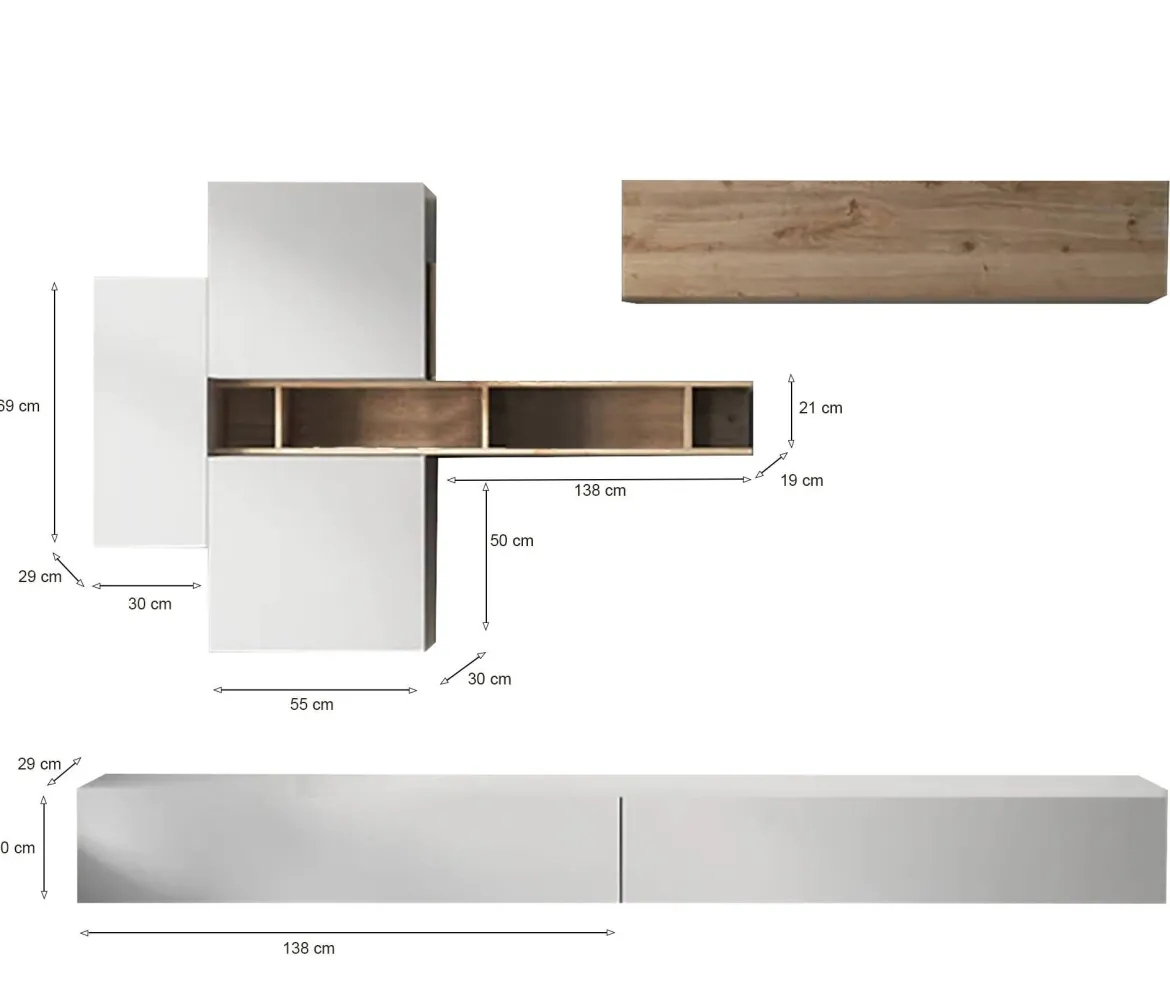 Parete salotto modulabile 276cm bianca lucida e rovere - Nate