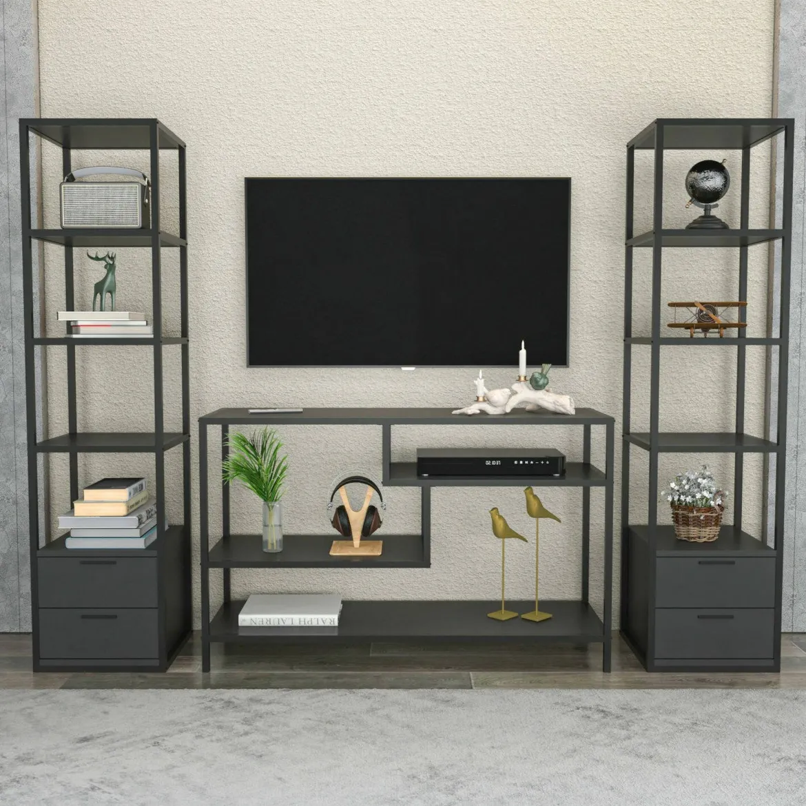 Parete salotto multifunzione 198cm nera e antracite - Felion