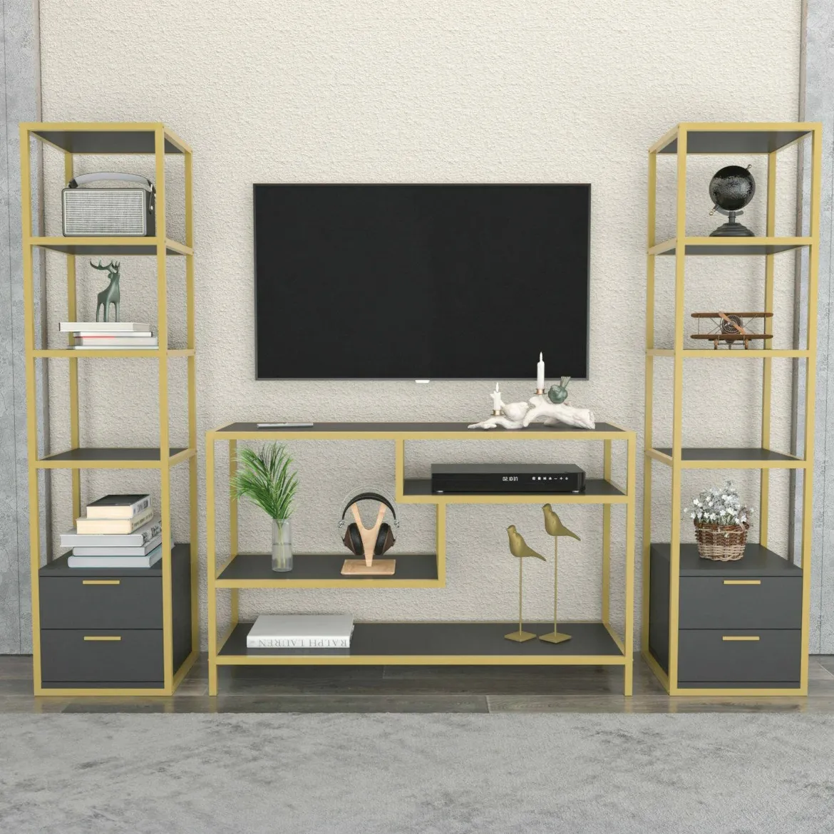 Parete salotto multifunzione 200cm bianca e rovere - Ailano