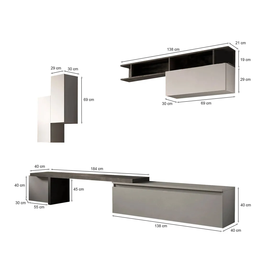 Parete salotto smart 290cm ardesia e grigia - Chris