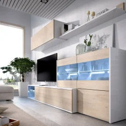 Parete soggiorno ad angolo con vetrina 260cm rovere e bianca lucida - Agio