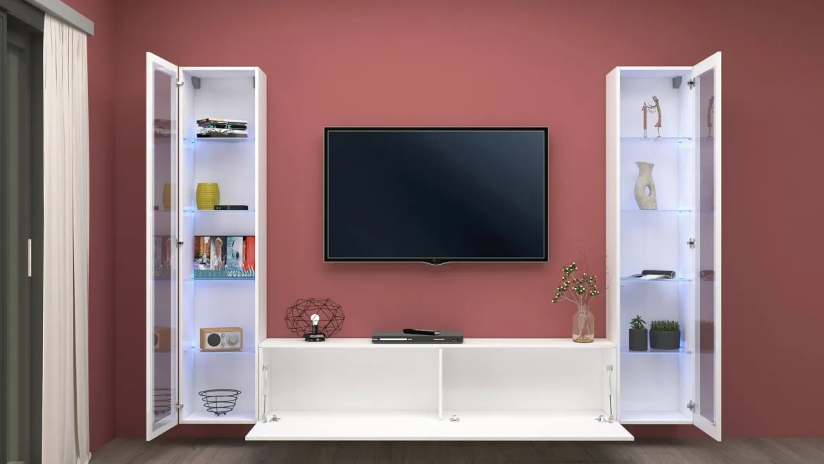 Parete soggiorno 3 ante 260cm bianca lucida - Leda