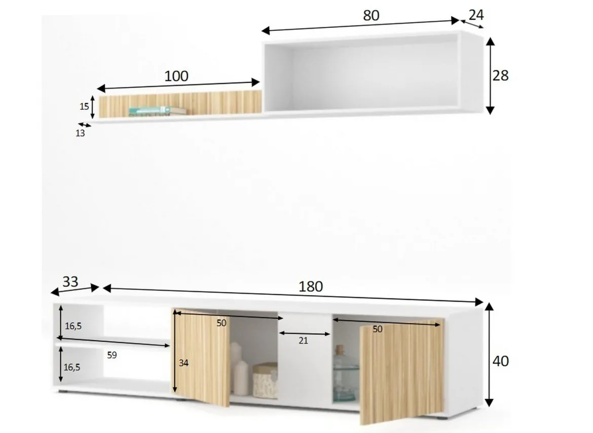 Parete soggiorno in legno 180cm bianca e rovere - Agrestino