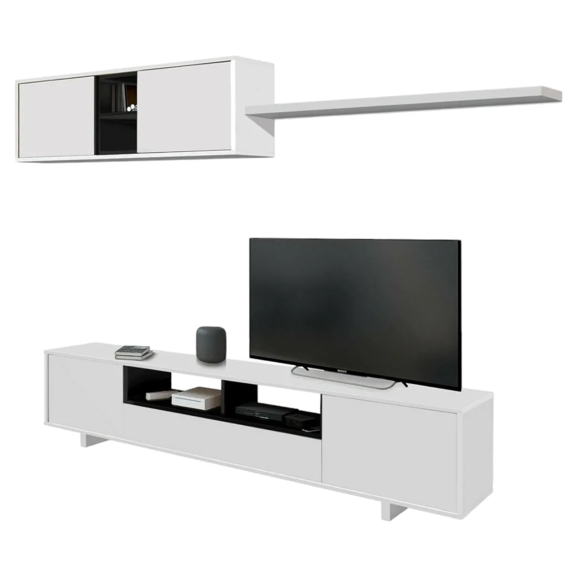 Parete soggiorno moderna 200cm bianca lucida - Angora