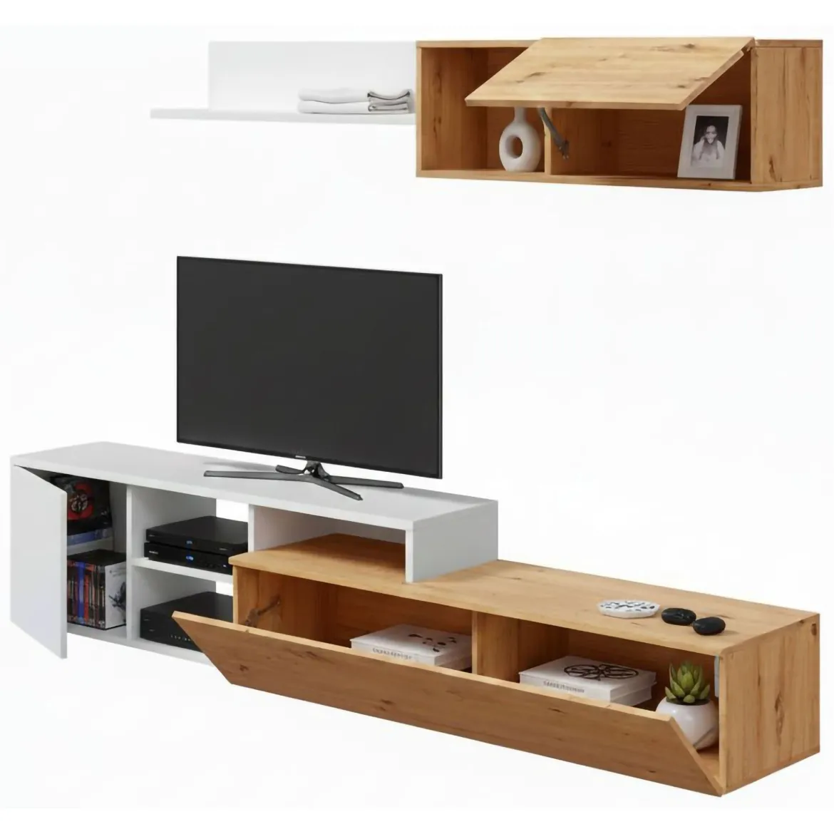Parete soggiorno moderna 220cm legno e bianca - Aligator