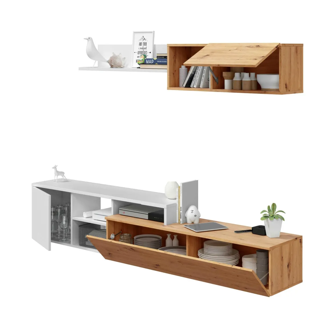 Parete soggiorno moderna 220cm legno e bianca - Aligator