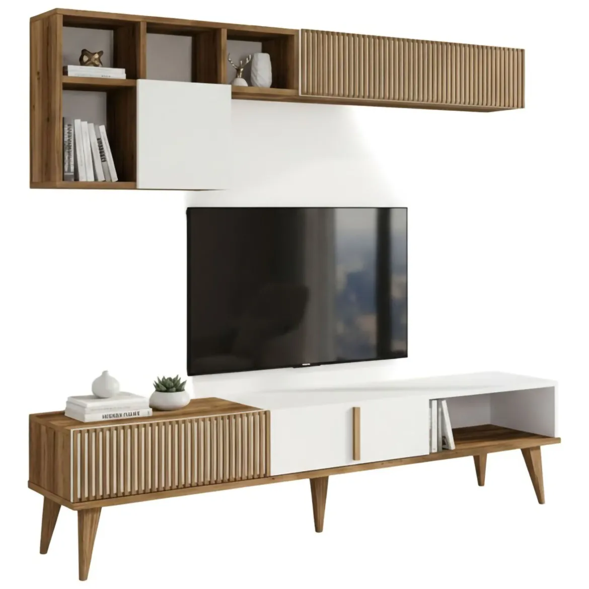 Parete soggiorno moderna 180cm noce e bianca - Ostro