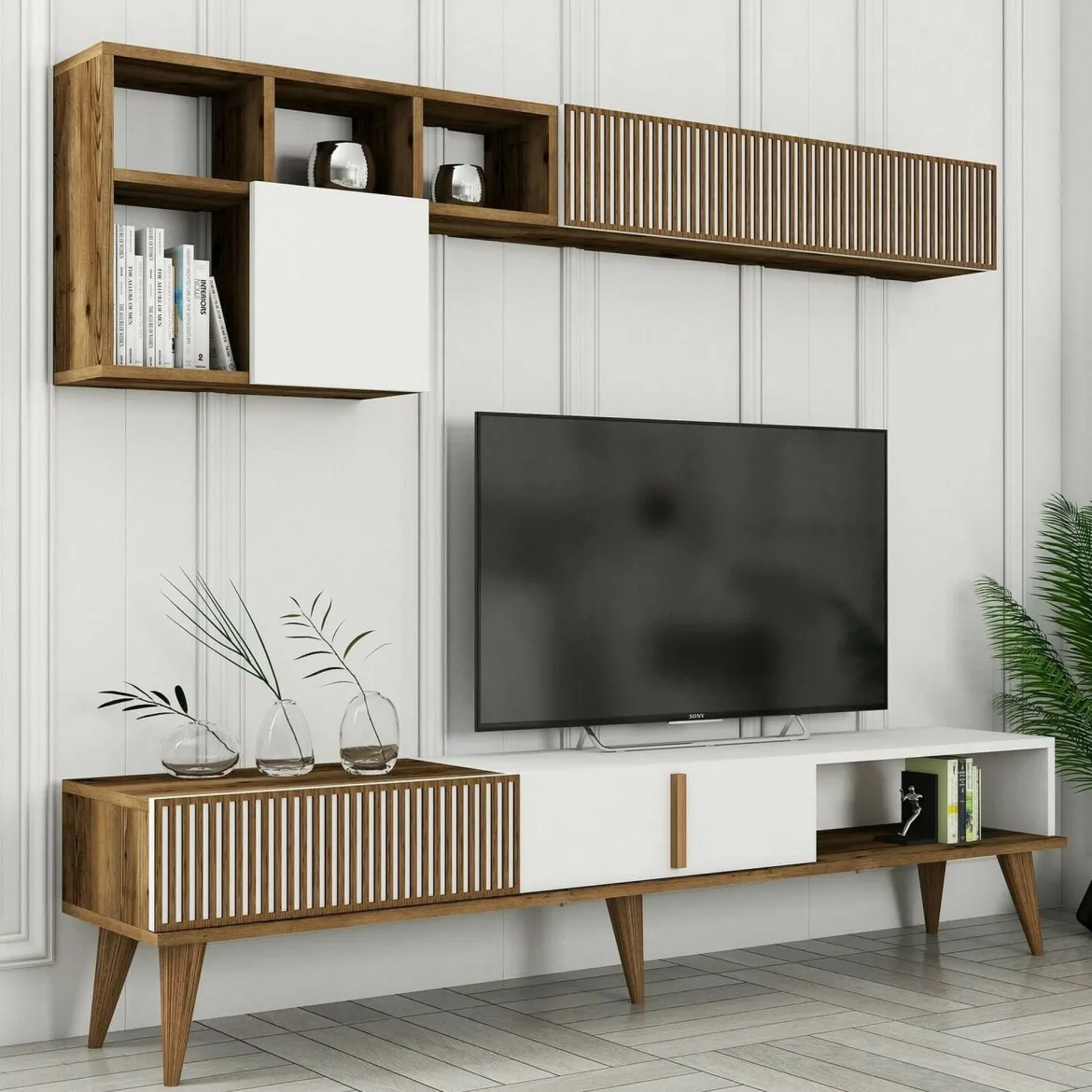 Parete soggiorno moderna 180cm noce e bianca - Ostro