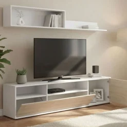 Parete soggiorno multifunzione 180cm bianca e rovere - Jelawat