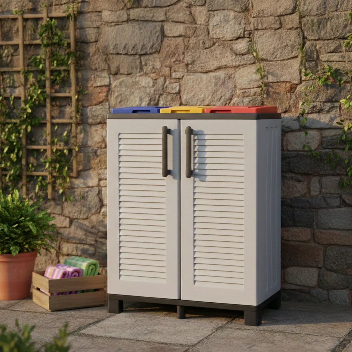 Pattumiera Grigio Chiaro Multicolore Capacità 210 (70 per Sacco) 3 Cestini 68x37x90h cm, Colore Struttura Multicolore Made in Italy - Tremolite