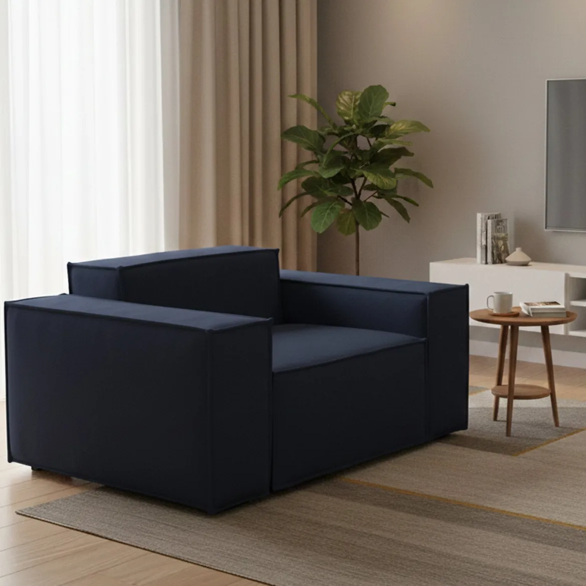 Poltrona in tessuto e legno massello con braccioli blu - Leonia