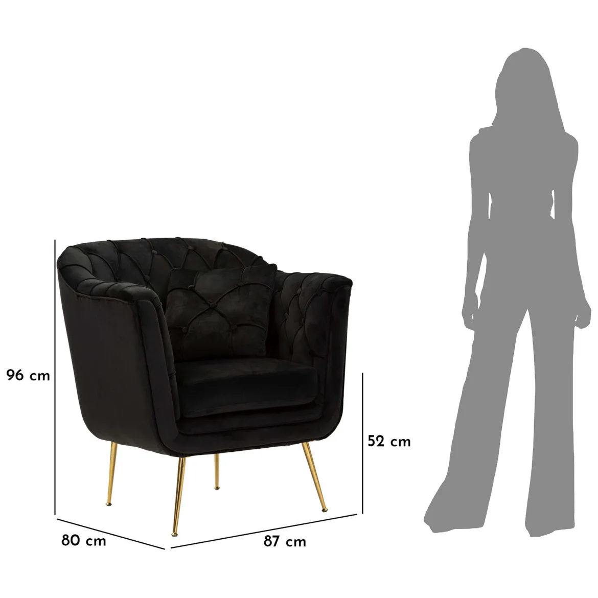 Poltrona Nero oro con Cuscino Braccioli 88x83x91h cm, Colore Struttura oro - Turtuk