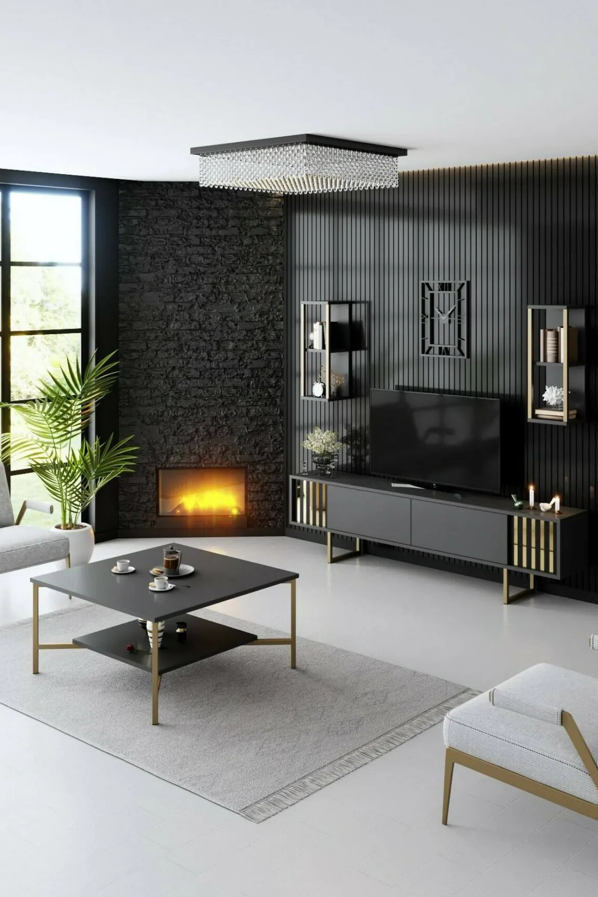 Porta TV antracite e oro 180x30x48h cm modulabile - Artinay