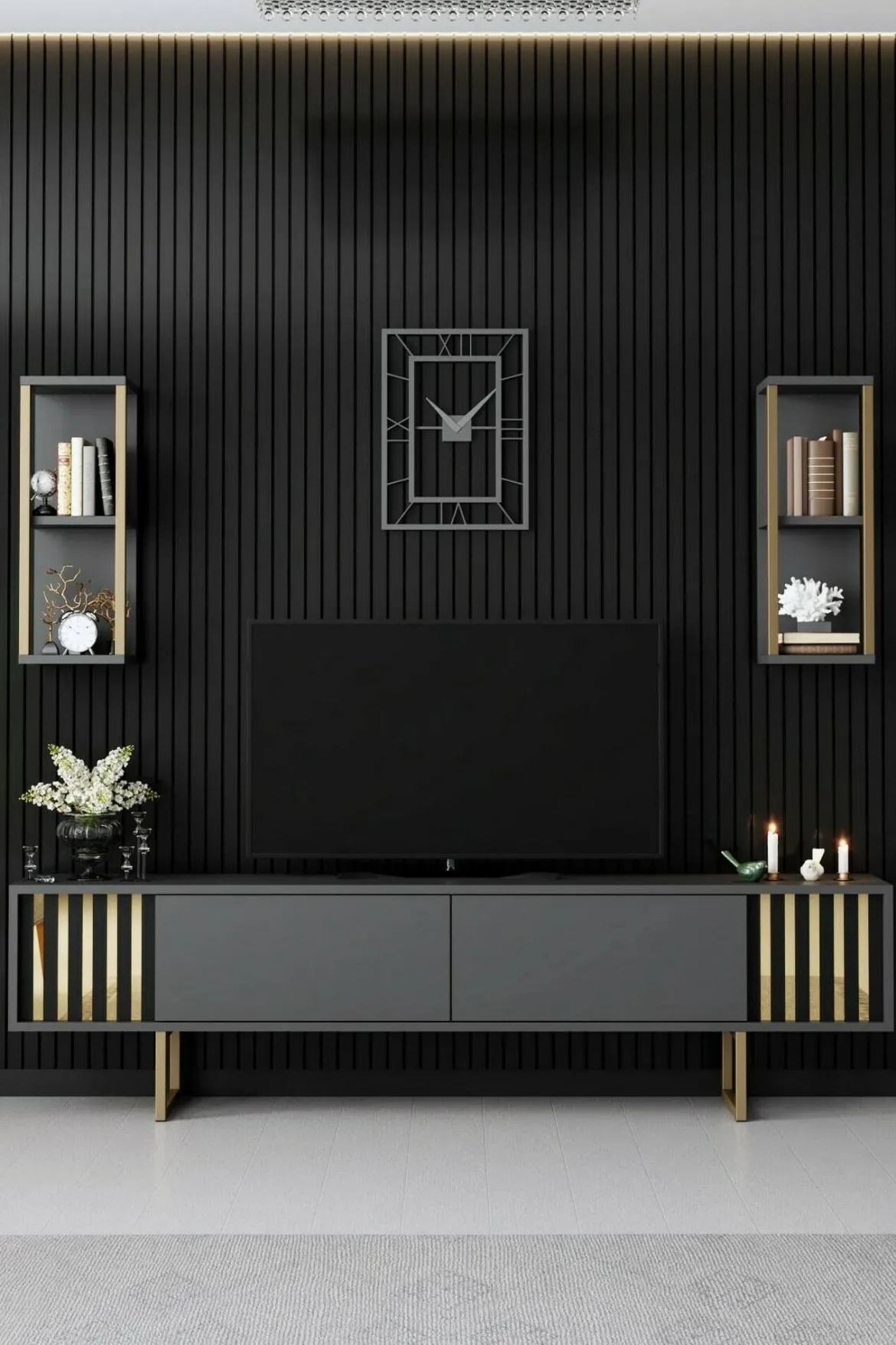 Porta TV antracite e oro 180x30x48h cm modulabile - Artinay
