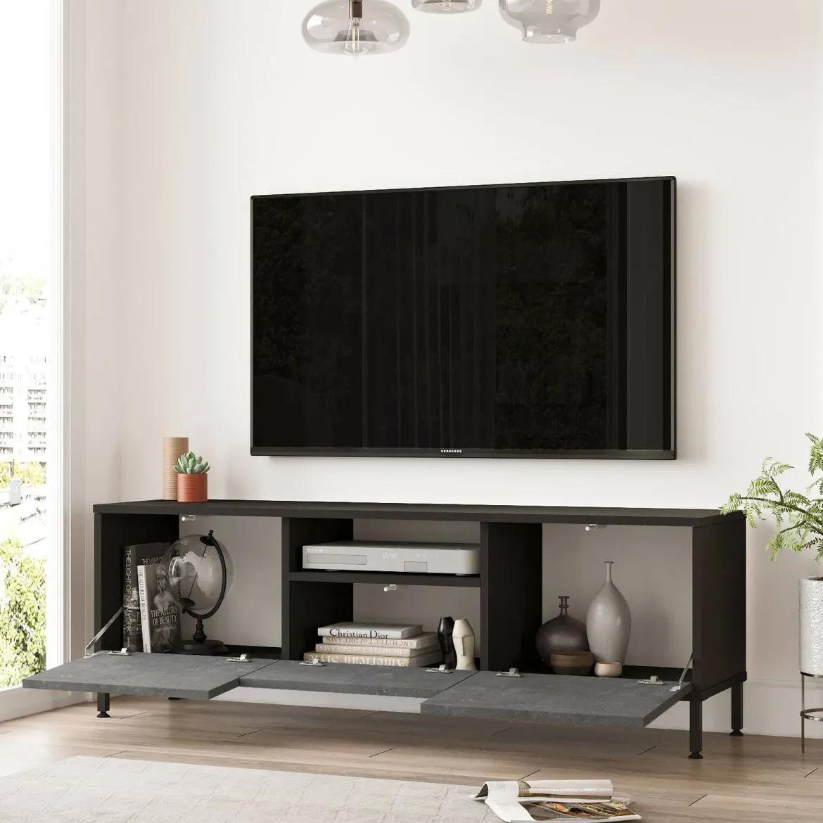 Porta TV argento e nero 170x35x46h cm 4 ante - Basyang