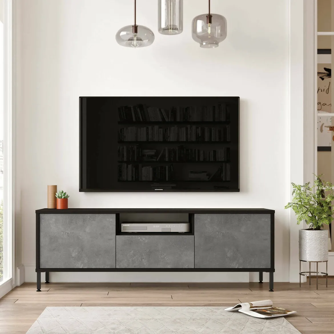 Porta TV argento e nero 170x35x46h cm 4 ante - Basyang