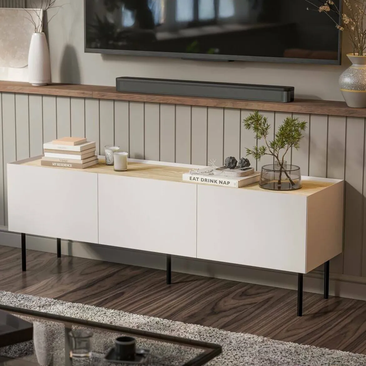 Porta TV beige e rovere 200x40x52h cm 4 ante - Scopa