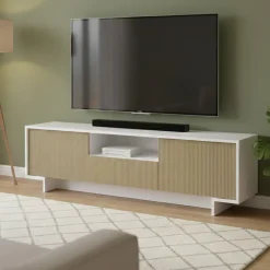 Porta TV bianco e beige 170x42x48h cm 2 ante e 1 cassetto - Atina